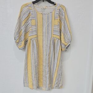 AVA JAMES BabyDoll Style Sundress Big Sleeves Yellow Blue Striped Mini Dress S